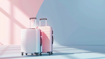 Wall Mural - Two pink and white suitcases with extendable handles on a geometric pastel background.