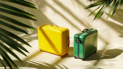 Wall Mural - Two colorful suitcases, yellow and green, placed under bright sunlight with palm leaf shadows.