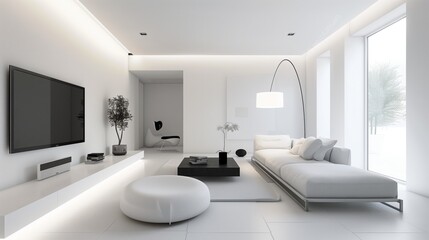 Wall Mural - Modern living room featuring sleek white furniture, a large TV, and minimalistic decor.