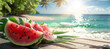Sliced watermelon on the tropical beach background, summer time, travel concept