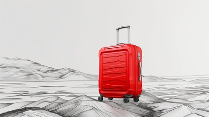 Wall Mural - A vibrant red suitcase stands out against a minimalist grayscale topographic background.