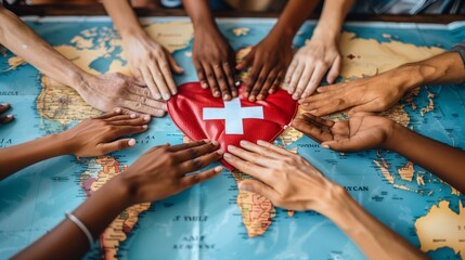 Multitude of hands from various ethnic backgrounds reaching out across a colorful world map, representing global diversity and spirit of togetherness, charity, and mutual support in a connected world