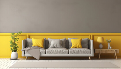 Wall Mural - Bright living room interior with white sofa yellow cushions and plant in the corner