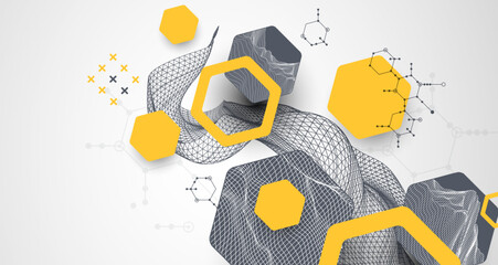 Leinwandbilder - Scientific and technological background. Wireframe wave with hexagons of different types on a gray gradient.