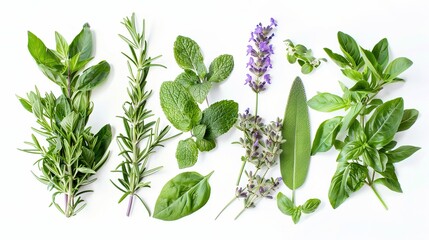 Wall Mural - Creative rosemary, mint, lavender, sage and basil with fresh herbs bunch on top view, flat lay, floral design, control concept for health and alternative medicine. on a white background