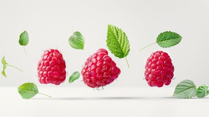 Poster - Three vibrant red raspberries floating with scattered green leaves on a light background.