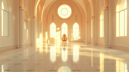 Poster - A serene, sunlit hallway with arches and large windows, creating a warm, peaceful ambiance.