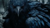 Captivating raven eyes glowing fiercely closeup image. Dark plumage bird close up photography marketing. Mystery in cool shadowy ambiance concept photo realistic. Animal gaze picture