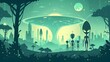 Whimsical Encounter Between Humans and Friendly Extraterrestrials in a Surreal Alien Landscape with Glowing Cityscape Towering Trees and Illuminated