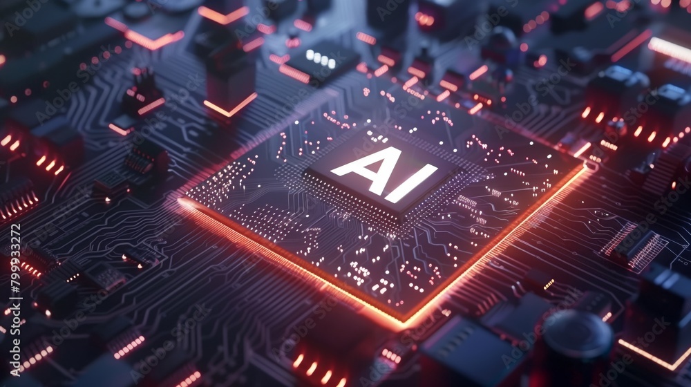 Futuristic AI processor chip on motherboard glowing in neon lights ...