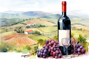 Bunch of blue grapes, red wine bottle and wine glass on landscape with hills and vineyards. Watercolor or aquarelle painting.