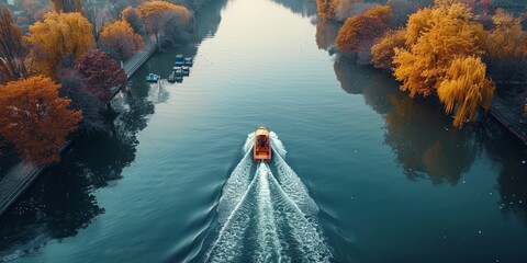 Poster - Aerial view of speed boat cruising along the river