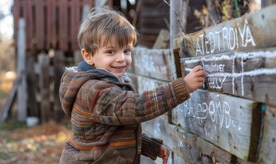 Wall Mural - A small boy draws on a new wooden fence with white chalk