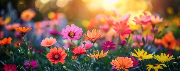 Poster - Background of colorful blossoming flowers with gentle petals and pleasant aroma growing in garden.