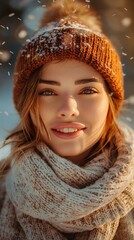 Wall Mural - Warm Winter Glow on Smiling Face of a young woman