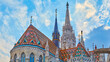 Panorama of Matthias Church roof and towers, Budapest, Hungary