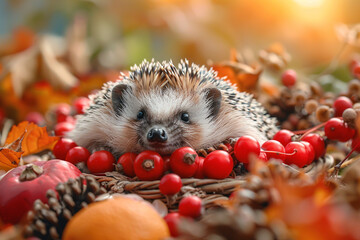 Wall Mural - A happy hedgehog rolling around in a bed of mealworms and fruits inside its cozy enclosure.
