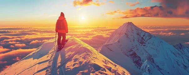 Person with snowboard on mountain peak