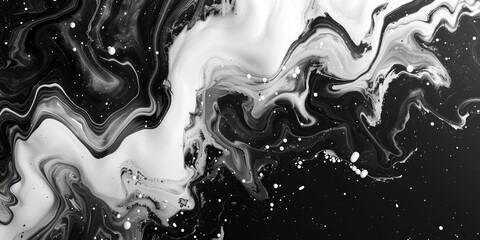 Poster - Beautiful Black and White Liquid Swirls with White Particles. Luxurious Art Wallpaper.