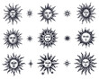 Sun tattoo vintage sketches, suns face and stars astrology magic mystic esoteric occult tarot abstract bohemian engraving set isolated vector illustration