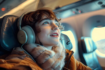 Wall Mural - Young person listening to music in an airplane