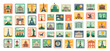 Travel stamps cartoon icons, postage stamp with attractions for mail postcard departure or baggage delivery sticker, journey sights of countries in frames set vector illustration