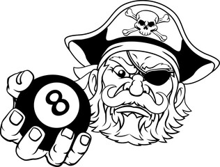 Poster - A pirate angry mean pool billiards mascot cartoon character holding a black 8 ball.