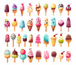 Vanilla ice cream collection, strawberry cherry flavor soft icecream or chocolate popsicle on stick frozen milk scoop ball colourful summer sweets cartoon set vector illustration