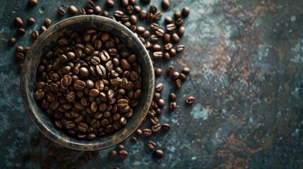 Canvas Print - Coffee beans in bowl on rustic background. Top view