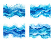 Watercolor waves pattern, sea wave curve flow blue liquid ink paint splash abstraction fluid indigo seascape texture painting brush strokes set vector illustration