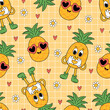 seamless pattern with cute pineapple, flower, heart