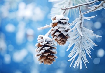 Canvas Print - Snowy pine cones on a winter branch