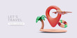 Tour concept poster in realistic style with pin, palm tree, airplane, lifebuoy. Vector illustration