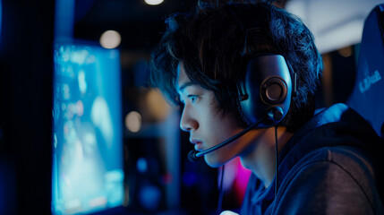 professional young gamer and streaming look at monitor during play shooting game wearing headset in e-sport competition tournament online internet video game computer