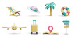 Set of decorative tout elements in realistic style. Suitcase, map, lifebuoy, hat, palm, airplane, chair, road sign isolated on white background. Vector illustration