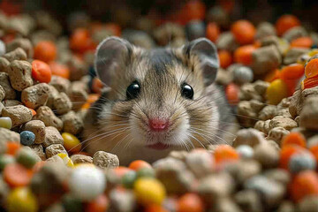 Wall Mural - A curious hamster peeking out from its cozy nest, surrounded by a variety of colorful seeds and pellets.