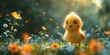 © VAshowcase - Little yellow chicken in the meadow with flowers. Banner with space for text