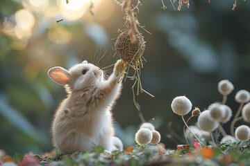 Poster - A fluffy white bunny stretching up to reach a hanging ball of hay and dried herbs.
