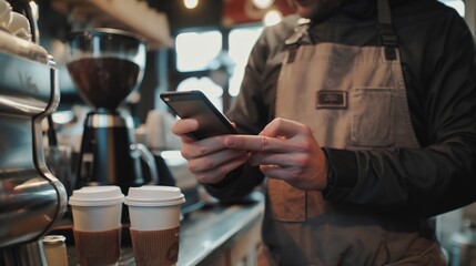 Canvas Print - Barista using a smartphone in a cozy coffee shop with espresso machines and paper cups visible.