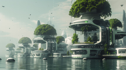 Canvas Print - a network of interconnected floating cities powered by renewable energy and sustained by vertical farming, showcasing a futuristic vision of sustainable living.