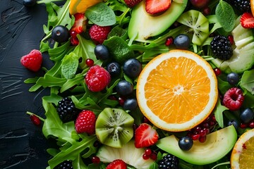 Wall Mural - Overhead shot of vegan lunch with berries avocados citrus and greens. Concept Food Photography, Vegan Meals, Overhead Shot, Colorful Ingredients, Healthy Eating