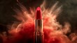 A red liquid lipstick sits among red powders, creating vibrant art
