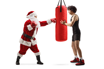 Poster - Young man training box with Santa Claus