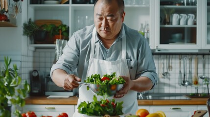 Wall Mural - Mature Asian male in casual shirt and apron meticulously prepares a fresh green salad in a bright kitchen.