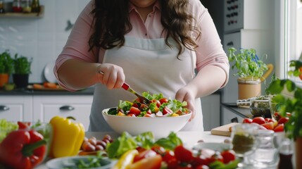 Wall Mural - A chubby woman in a pink blouse and white apron prepares a fresh salad in a sunny kitchen.