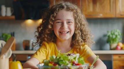 Wall Mural - Happy curly-haired young girl with freckles smiles while making a salad in a kitchen setting.