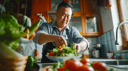 Sticker - Middle-aged Asian man enjoying preparing a fresh salad in a home kitchen.