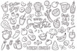 Smoothies food ingredients and essentials. Hand-drawn doodle isolated icons perfect for smoothie cooking recipes and restaurant menu designs. Fruits, vegetables, milk, yogurt, and more. Vector.