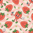 seamless pattern with cute strawberry, juice, flowers