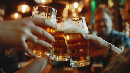 Canvas Print - Close-up of hands toasting with beer glasses in a lively bar with warm ambient lighting.